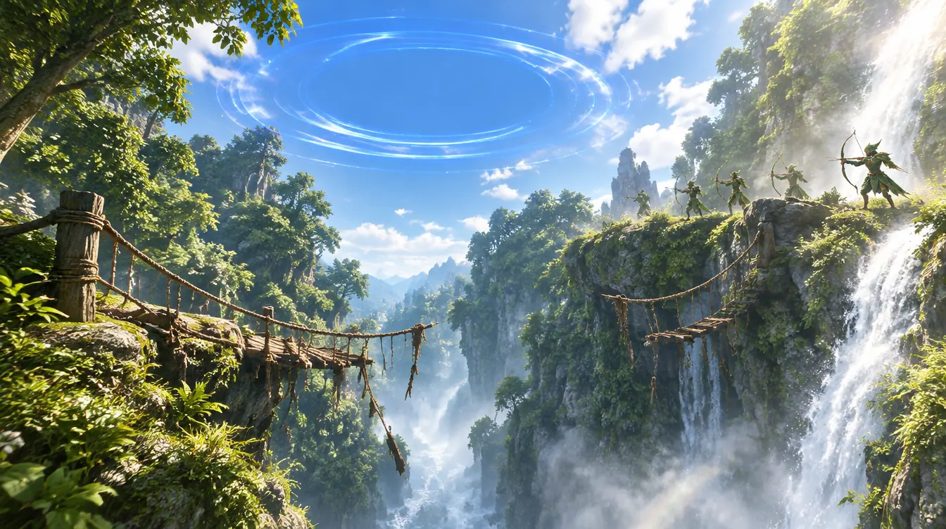 Jurang hutan dengan jembatan tali putus dan air terjun; cincin cahaya biru melayang di udara.