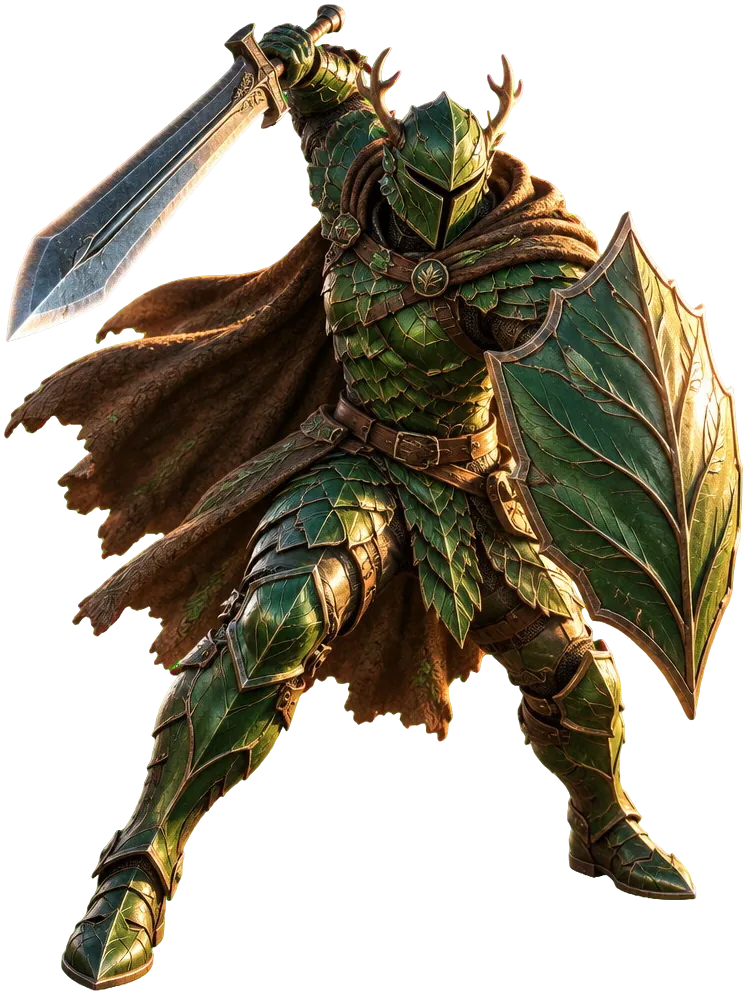 Seorang Leafguard berzirah sisik daun hijau menerjang dengan pedang terangkat.