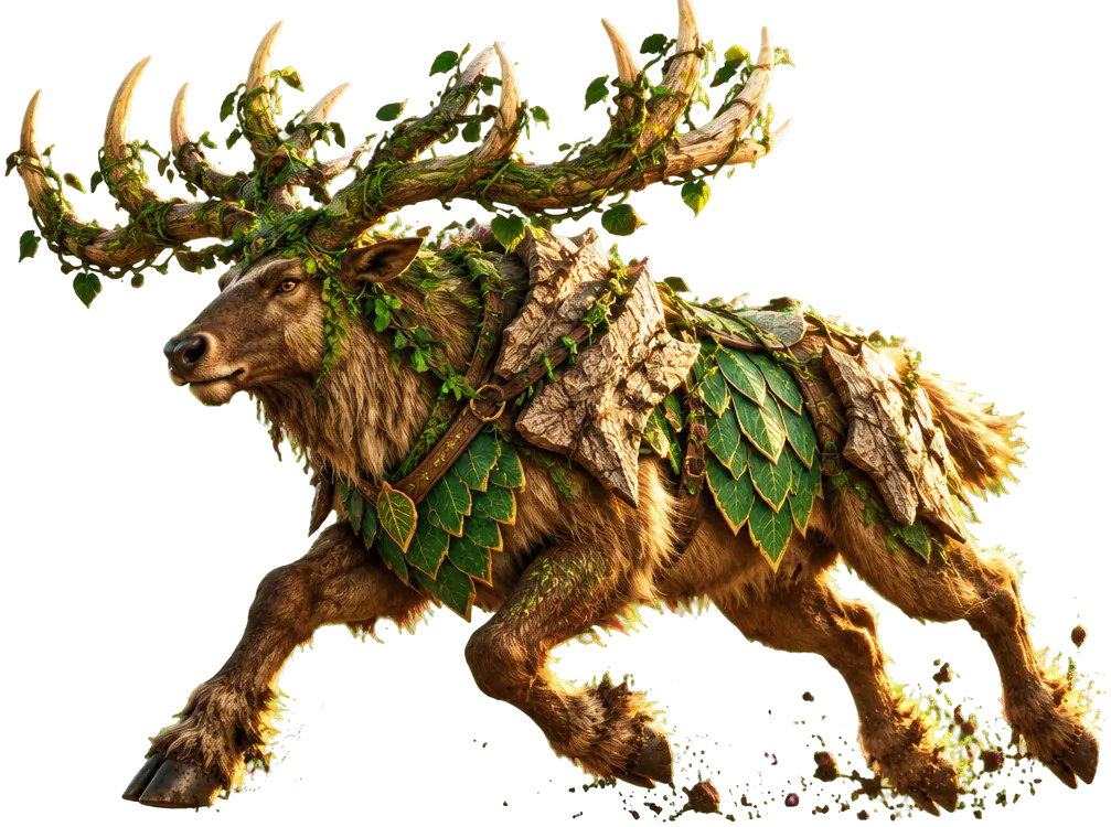 Seekor Rootbuck, rusa perang raksasa berzirah kulit kayu, berlari di kejauhan.
