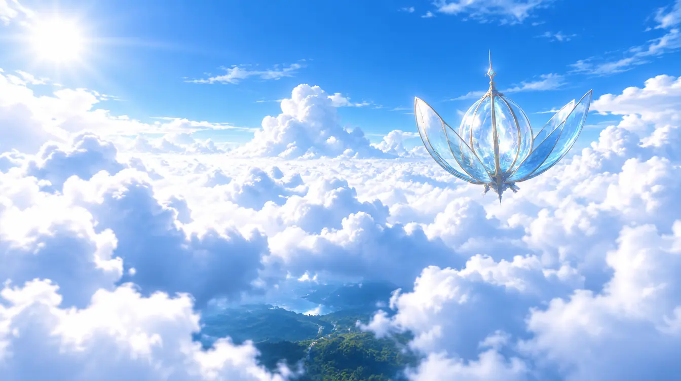 Kelopak kapal terbuka seperti bunga di atas lautan awan putih di bawah langit biru.