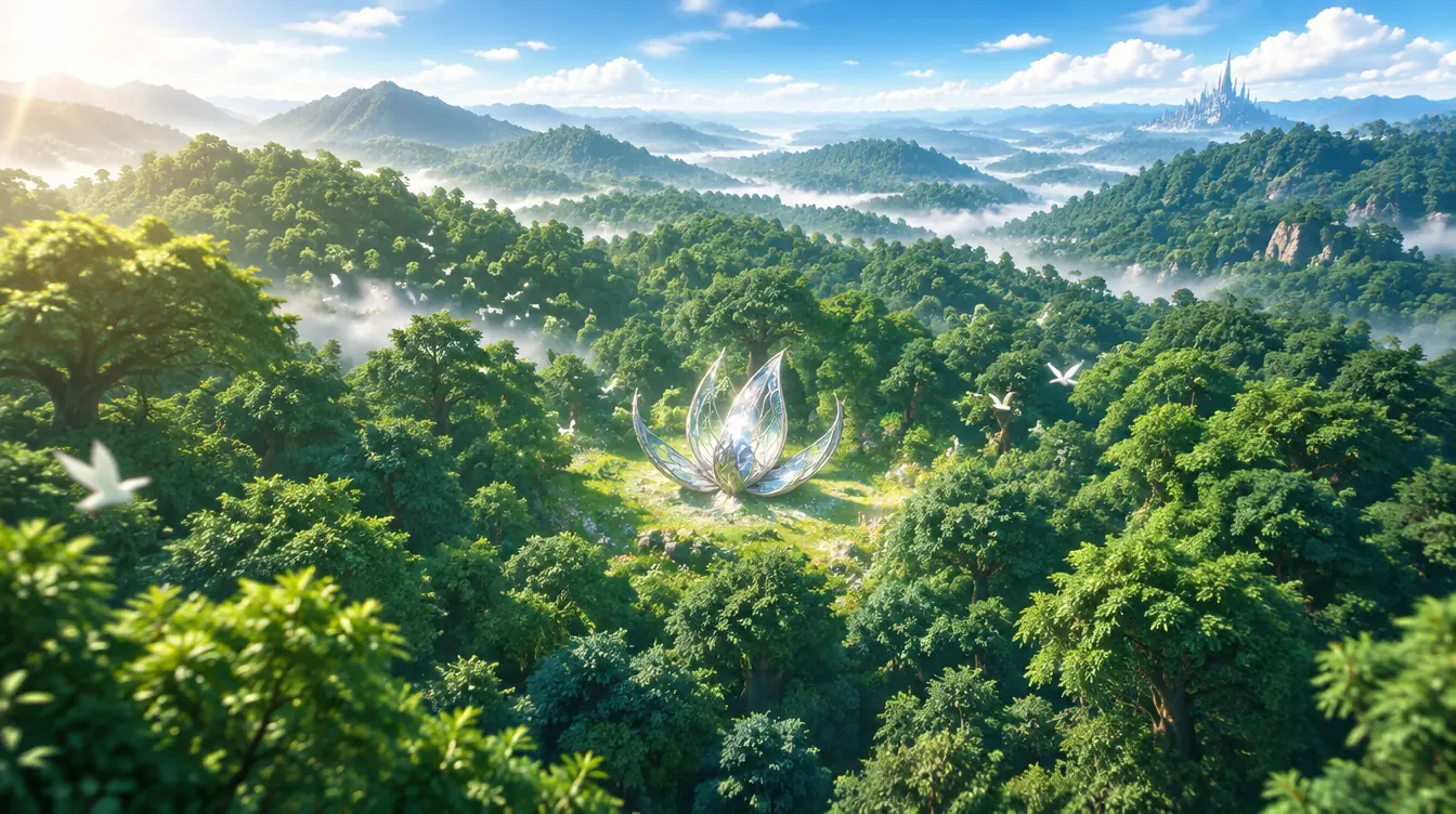 Kapal benih yang terbuka mendarat di tanah lapang kecil di tengah kanopi hutan hijau yang luas.