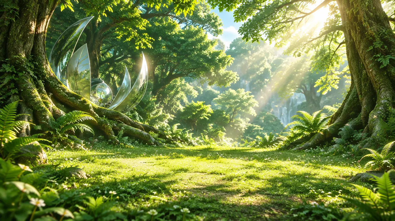 Tanah lapang di hutan Verdane, pohon raksasa berakar tebal, cahaya matahari menembus kanopi; kapal benih kaca setengah tersembunyi di kiri.